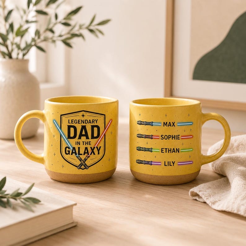 May include: Two yellow ceramic mugs with brown bases. One mug has the text "LEGENDARY DAD IN THE GALAXY" with lightsaber graphics. The other mug has names and lightsaber graphics. The mugs are on a wooden surface.