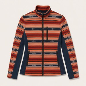 Serape Stripe Softshell Jacket, Womens Western Aztec Full Zip Jacket, Orange Navy Southwestern Jacket, Rodeo Fall Winter Coat