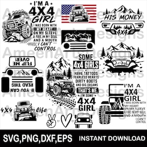Può includere: Una raccolta di design grafici digitali in bianco e nero con veicoli fuoristrada, paesaggi montani e frasi come I'm a 4x4 girl, His Money e Flip me over if you can read this. Il set include varie illustrazioni in stile veicolo fuoristrada.