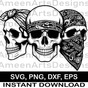 May include: A black and white graphic illustration featuring three human skulls. The left skull wears a patterned headscarf, the center skull wears a bandana, and the right skull wears a bandana covering the lower face. Text reads SVG, PNG, DXF, EPS.