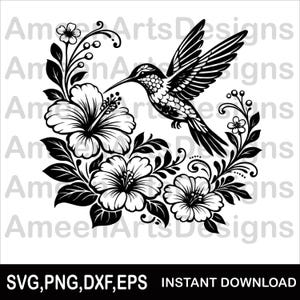Kolibri Blommig SVG Klippfil, Hibiskus Blomma Fågel Design (Digital Nedladdning)