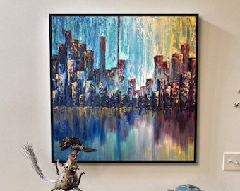 Colorful Teal Oil on Canvas Cityscape Abstract Acrylic Contemporary Large Painting Palette Knife by Gershon