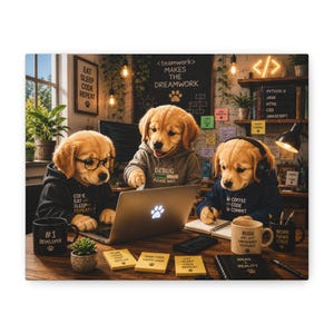 Cute Golden Retriever Coding Puppies Wall Art | Programmer Office Decor | Digital Download