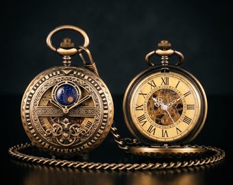 Personalized Pocket Watch Sun Moon Custom Engraved Groomsmen Gift Antique Brass Celestial Skeleton Mechanical