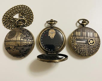 Antique Bronze Music Pocket Watch, Sci-Fi Space Station Engraved Groomsmen Gift Men