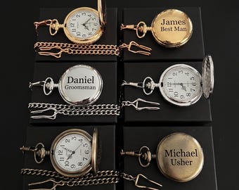 Set of 6 Custom Engraved Pocket Watches Groomsmen Gift Box Chain Included