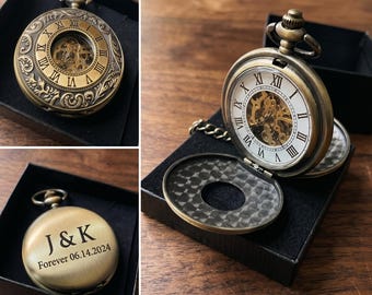 Engraved Pocket Watch, Mechanical Skeleton Bronze Vintage Gift, Groomsmen Wedding Anniversary Birthday Father Husband