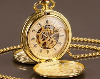 Personalized Mechanical Skeleton Pocket Watch Groomsmen Wedding Gift Anniversary Birthday Valentine Steampunk Chain Men