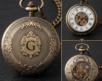 Personalized Engraved Steampunk Mechanical Skeleton Pocket Watch Vintage Bronze Roman Chain Groomsmen Gift