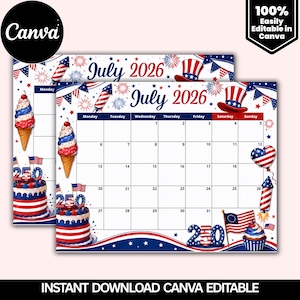 Editable July 2026 Calendar, PDF Editable, Summer Printable Planner, Fillable Organizer for Home, School and Office, Instant Download