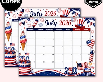 Bearbeitbarer Juli 2026 Kalender, PDF bearbeitbar, druckbarer Sommerplaner, befüllbarer Organizer für Zuhause, Schule und Büro, Sofort-Download