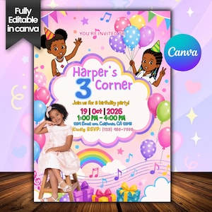 Pode incluir: Um convite rosa para uma festa de aniversário com ilustrações de desenhos animados de crianças, balões e notas musicais. O convite diz "Harper's 3 Corner" com detalhes do evento e informações de RSVP. O logotipo da Canva é visível.