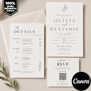 May include: A white wedding invitation suite featuring black serif and script typography. The set includes a main invitation for Olivia and Benjamin, a details card with ceremony and reception information, and an RSVP card with a QR code.