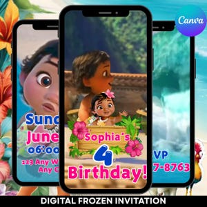 May include: Digital invitation featuring a cartoon character from a popular animated film. The invitation is designed for a fourth birthday, with the name "Sophia" and the text "Birthday!" in pink. The background includes tropical flowers and a scenic view.