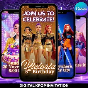 May include: Digital K-pop invitation with animated figures. The central phone screen displays the text "Join Us To Celebrate!" and "Victoria 5th Birthday." Other screens show similar graphics. The design is vibrant with a purple and gold colour scheme.