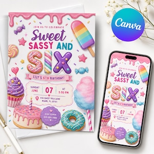 Inbjudan till söt Sassy och Six födelsedag, inbjudan till flicka 6-årsdag, inbjudan till söt flicka 6-årsdag, godis, sötsaker, dessert, munk, glass