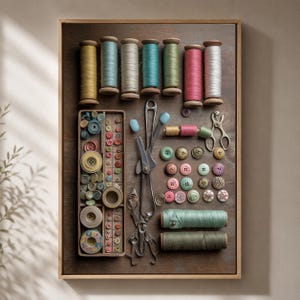 Può includere: Un'esposizione incorniciata di materiali da cucito su una superficie di legno. La composizione include rocchetti di filo di vari colori, una scatola di bottoni, forbici e altri strumenti. La tavolozza dei colori presenta sfumature di giallo, blu, verde, rosa e bianco.