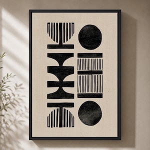 May include: Abstract black and white art print in a black frame. The artwork features geometric shapes, including circles, rectangles, and curved lines, set against a beige background. The print has a minimalist design, suitable for modern home decor.