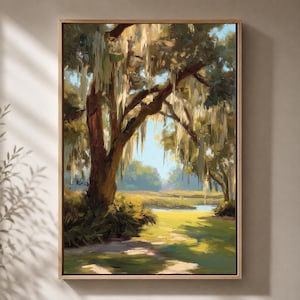 Cuadro en lienzo enmarcado con diseño de roble sureño, lámina de paisaje de Lowcountry, decoración de naturaleza costera.