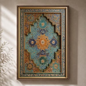 May include: A framed, ornate wall art piece with a detailed mosaic design. The artwork features a central arch shape with intricate patterns in shades of teal, blue, orange, and gold. The frame is a dark brown color.
