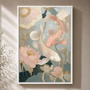 Japanische Koi-Karpfen auf Leinwand (gerahmt), Wandbild mit rosa Lotusblüten, orientalisch inspirierte Dekoration in Salbeigrün und Gold