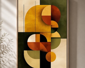 May include: A framed wall art print featuring a geometric composition of circles and semicircles in shades of mustard yellow, deep forest green, burnt orange, and cream. Thin black vertical and horizontal lines intersect the shapes.