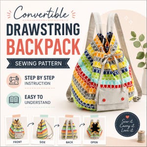 May include: A sewing pattern for a convertible drawstring backpack featuring a colorful fabric with a repeating oval pattern, light gray straps, and a front pocket with two red buttons. The text reads Convertible DRAWSTRING BACKPACK SEWING PATTERN.