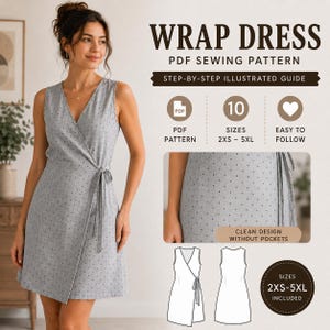Patron de couture PDF pour robe portefeuille, facile pour débutants, modèle numérique pour robe d'été, col en V simple, à imprimer soi-même, tailles XXS à 5XL