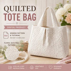 Quilted Tote Bag Sewing Pattern, Patchwork Market Bag PDF, Charm Square Cotton Shoulder Purse, Colorful Everyday Laptop Bag DIY