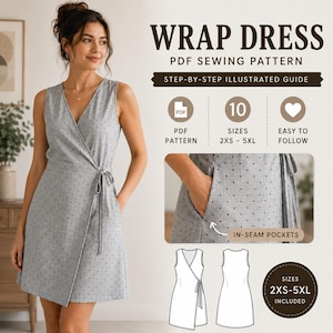 Puede incluir: Un vestido cruzado gris con un pequeño patrón de lunares negros, con escote en V y cierre de lazo lateral. El patrón de costura digital incluye texto para 10 tallas de 2XS a 5XL, una guía ilustrada y detalles sobre bolsillos en costura.