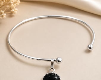 Sterling Silver Black Onyx Pendant Choker Necklace, Minimalist Open Collar Handmade Jewelry