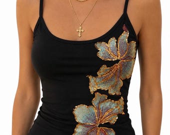 Blumen Spaghetti-Träger Top, Gold Blumen Shirt, Y2K Street Style, Boho Hippie Vintage Glitzer Top