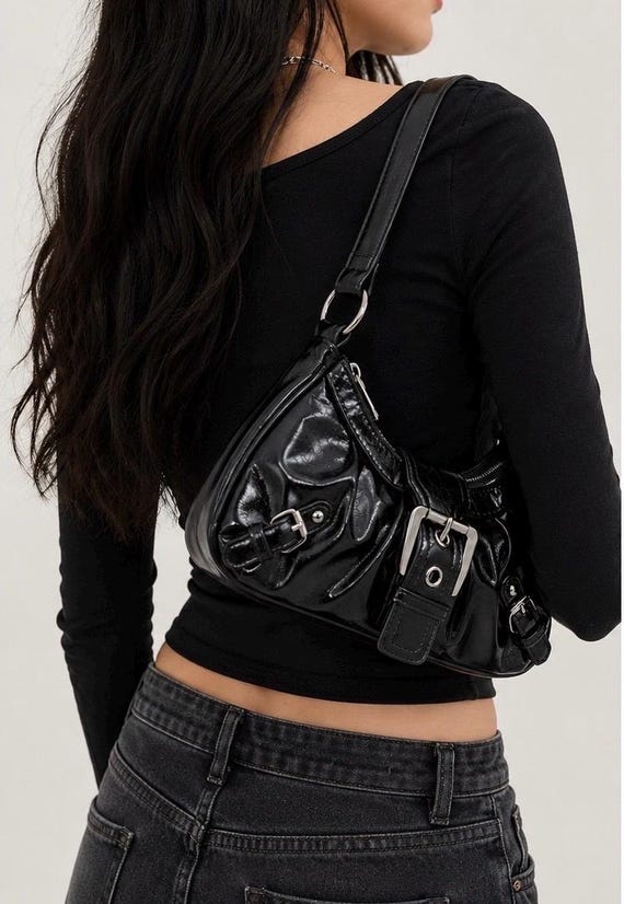 Vintage Black Y2K Shoulder Bag, 90s Thrift Inspired Baguette Purse 