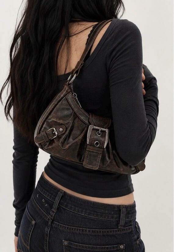 Vintage Dark Brown Y2K Shoulder Bag, 90s Thrift Inspired Baguette 
