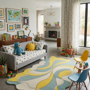 Pastelkleurig golvend vloerkleed, onregelmatig gevormd kinderspeelkamertapijt, schattig wolkvormig kinderdagverblijftapijt, zacht geelblauw groovy, modern tapijt uit het midden van de eeuw