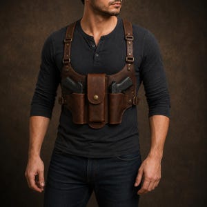 May include: A brown leather chest holster featuring two side compartments for handguns and a central vertical pouch with a brass snap closure. The harness includes adjustable shoulder straps with metal buckles and rivets, worn over a dark grey shirt.