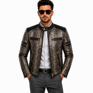 Handmade Men's Snakeskin Leather Jacket Biker Moto Zip Up Genuine Leather Coat