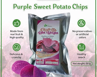 Batatas fritas roxas doces, um petisco delicioso e crocante, sem conservantes ou corantes artificiais.