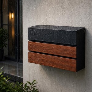Puede incluir: Un buz&oacute;n rectangular de pared con una secci&oacute;n superior de metal negro mate y dos listones de madera horizontales debajo. La superficie exterior est&aacute; cubierta de peque&ntilde;as gotas de agua, lo que indica un entorno lluvioso.