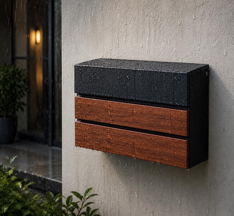 Puede incluir: Un buz&oacute;n rectangular de pared con una secci&oacute;n superior de metal negro mate y dos listones de madera horizontales debajo. La superficie exterior est&aacute; cubierta de peque&ntilde;as gotas de agua, lo que indica un entorno lluvioso.