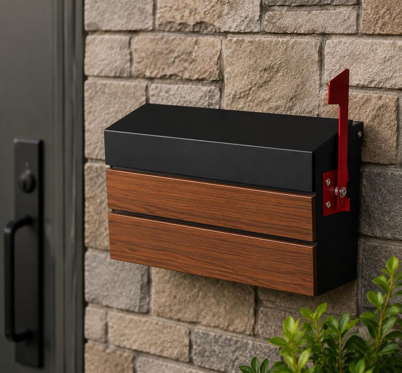 Puede incluir: Un buz&oacute;n de pared con una parte superior de metal negro mate y un panel frontal con acabado de veta de madera. La unidad rectangular incluye una bandera de metal rojo brillante unida al lado derecho, montada sobre una pared de piedra clara.