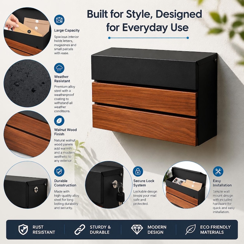 Puede incluir: Un buz&oacute;n de pared con marco de metal negro mate y dos paneles horizontales con acabado de madera de nogal. La unidad incluye un sistema de cierre seguro con llave, una tapa superior con bisagras y una construcci&oacute;n de acero aleado resistente a la intemperie.