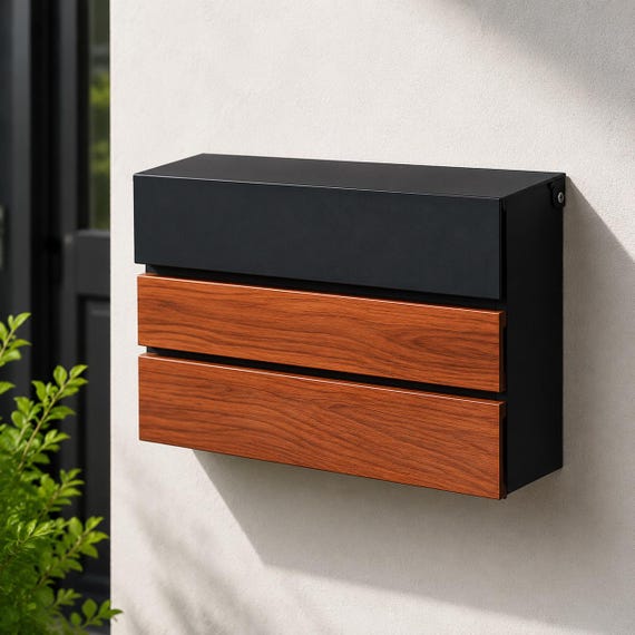 Wall Mount Mailbox Wood Grain Metal Steel Large Capacity Rust Resistant Outdoor House Mail Drop Box Modern Entryway Storage