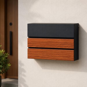 Puede incluir: Un buz&oacute;n rectangular de pared que presenta una secci&oacute;n superior de metal negro mate y dos paneles horizontales con un acabado de veta de madera marr&oacute;n c&aacute;lida. El dise&ntilde;o es limpio y lineal, con un marco negro s&oacute;lido que rodea los paneles frontales.