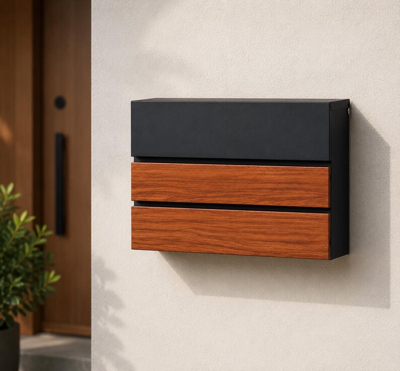 Puede incluir: Un buz&oacute;n rectangular de pared que presenta una secci&oacute;n superior de metal negro mate y dos paneles horizontales con un acabado de veta de madera marr&oacute;n c&aacute;lida. El dise&ntilde;o es limpio y lineal, con un marco negro s&oacute;lido que rodea los paneles frontales.