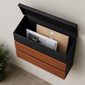 Puede incluir: Un buz&oacute;n de pared con marco de metal negro mate y panel frontal con acabado de veta de madera. La tapa est&aacute; abierta, dejando ver un sobre color canela con cierre de cuerda y un documento blanco dentro del compartimento interior negro.