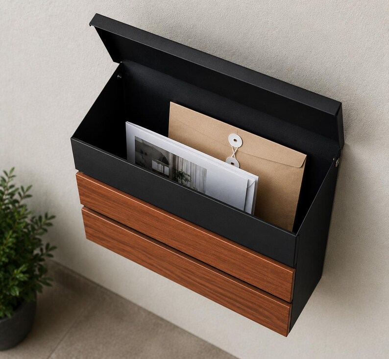 Puede incluir: Un buz&oacute;n de pared con marco de metal negro mate y panel frontal con acabado de veta de madera. La tapa est&aacute; abierta, dejando ver un sobre color canela con cierre de cuerda y un documento blanco dentro del compartimento interior negro.