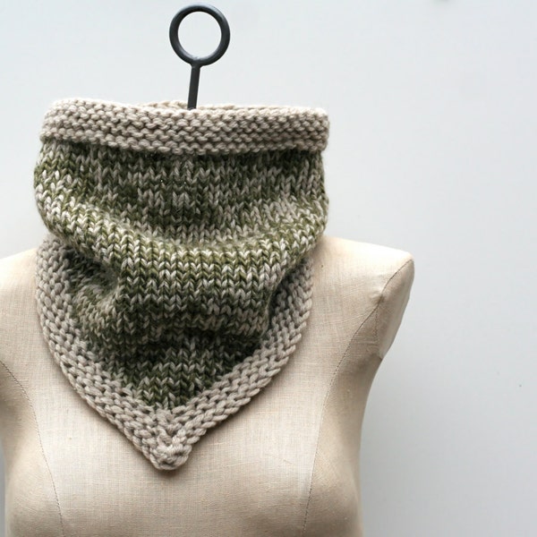 Reserved for Amna: Oatmeal and Woodland Green Hand Knit 100% Natural Fiber Merino Wool Mohair Bandana Cowl Infinity Scarf