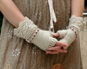 Custom Order for Victoria: Prairie Lace Mitts ~ Vintage Inspired Hand Knit Merino Alpaca Fingerless Gloves - Oatmeal with Garnet Stitching