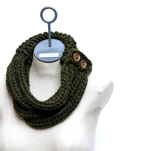 Ready to Ship: Forest Green Hand Knitted 100% Wool Roving I-Cord Necklace Cowl Infinity Scarf with Wooden Buttons
